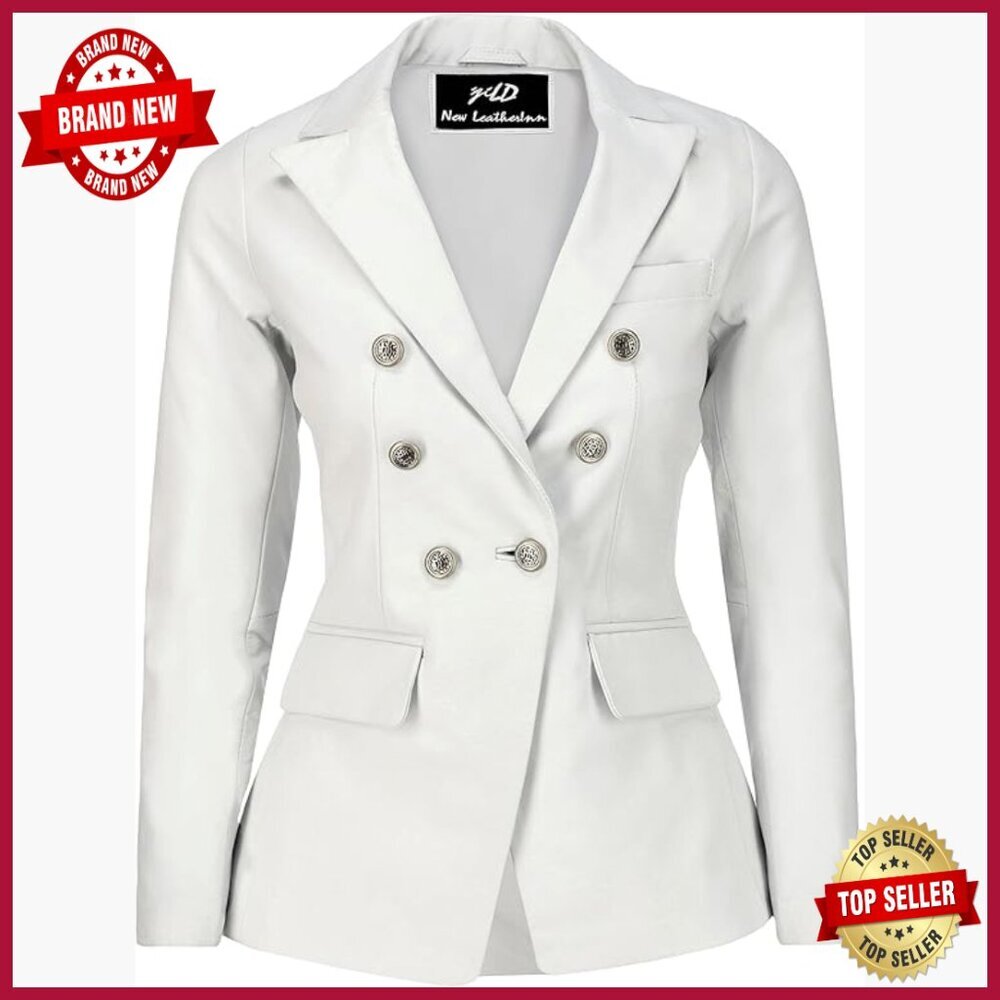 Lambskin Leather Blazer with Fancy Buttons, Double Breasted Long Sleeve Coat